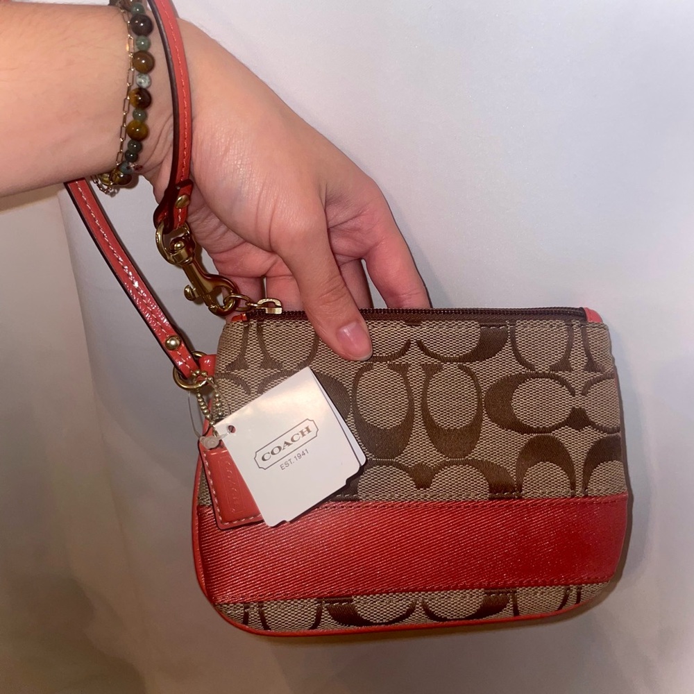 Coach Signature Brown and Coral Wristlet NWT